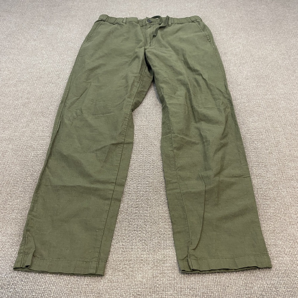 Uniqlo Pants Mens Large Green Linen Cotton Stretch Relaxed Chino Elastic Waist